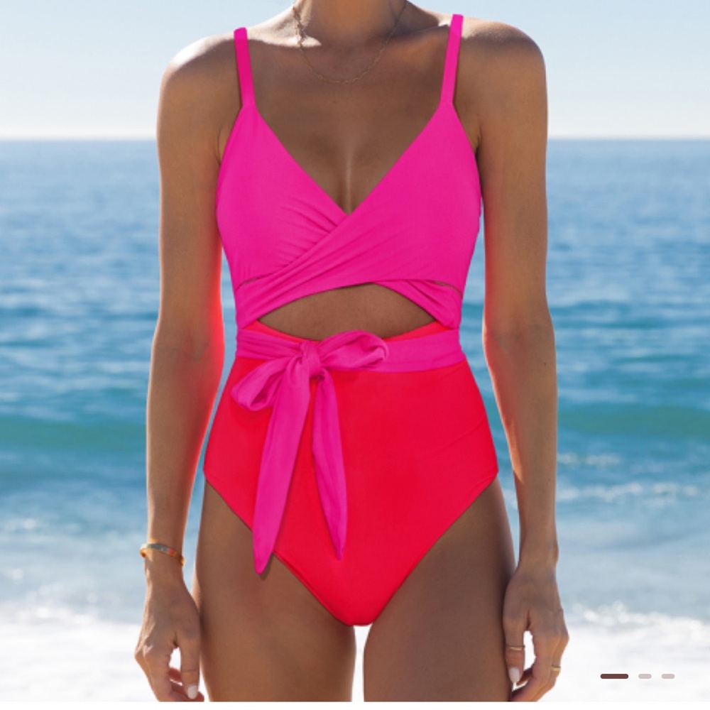 Women's Two-Tone Pink & Red One-Piece Swimsuit with Tie Waist